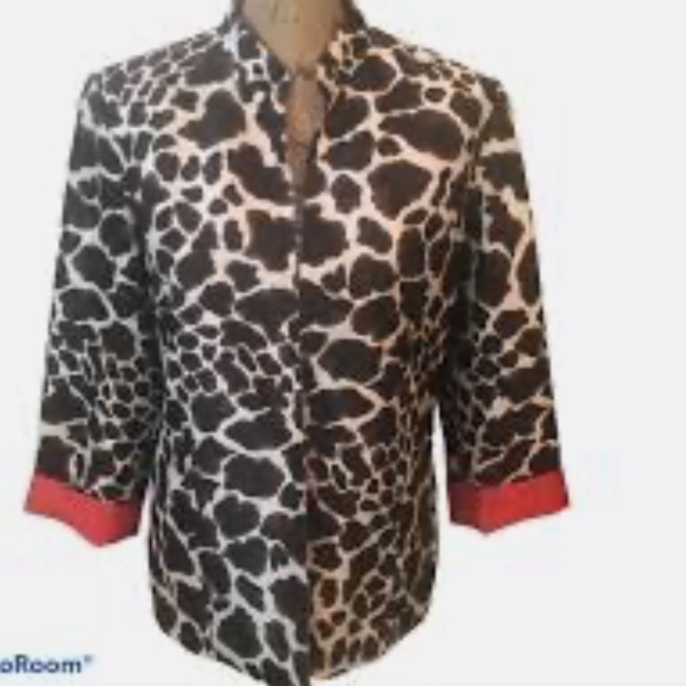 Chicos Giraffe Print 3/4 Sleeve Open Front Red Interior Lining Blazer.Size 1(886